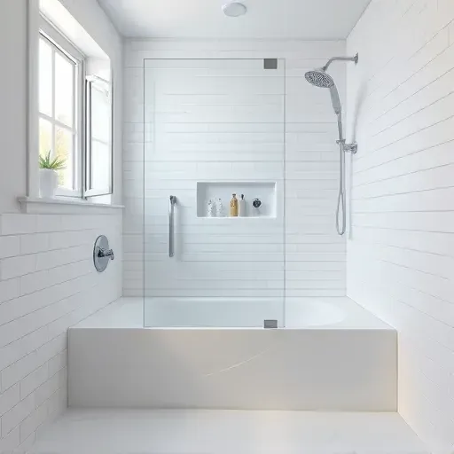 Fully completed tub-to-shower conversion in Landenberg PA with white subway tiles, glass enclosure, chrome fixtures, rainfall showerhead