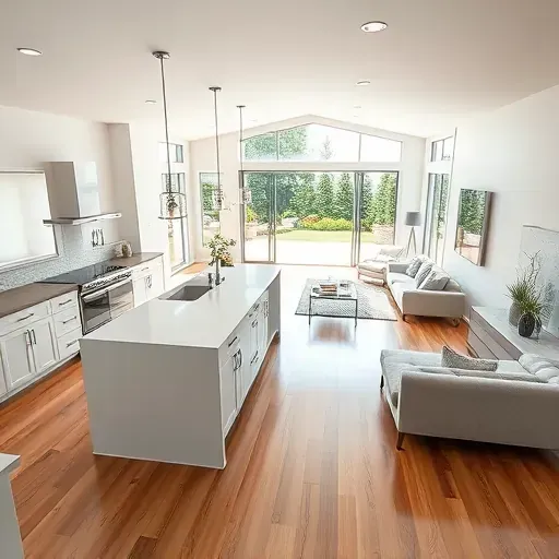 Stylish modern living space in Cochranville PA featuring open floor plan, hardwood floors, large windows, and elegant decor.