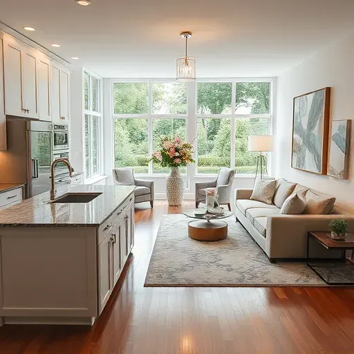 Modern kitchen remodel in Kennett Square PA features bright cabinetry, granite counters, and cozy living area with plush sofas.