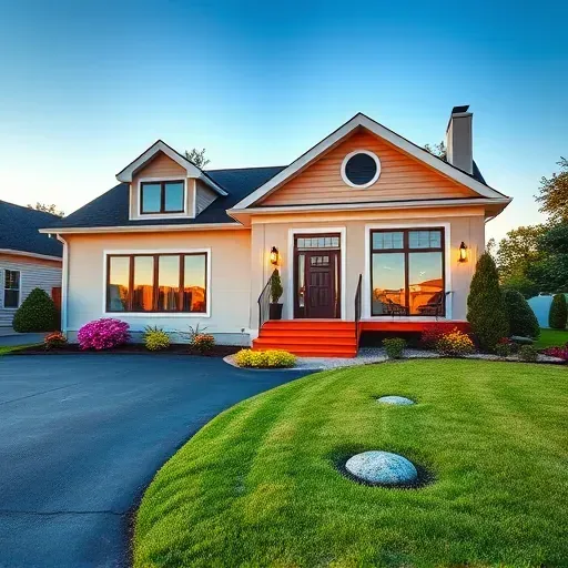 Completed home remodeling project in Claymont DE highlighting modern house design, lush landscaping, and serene sunset.