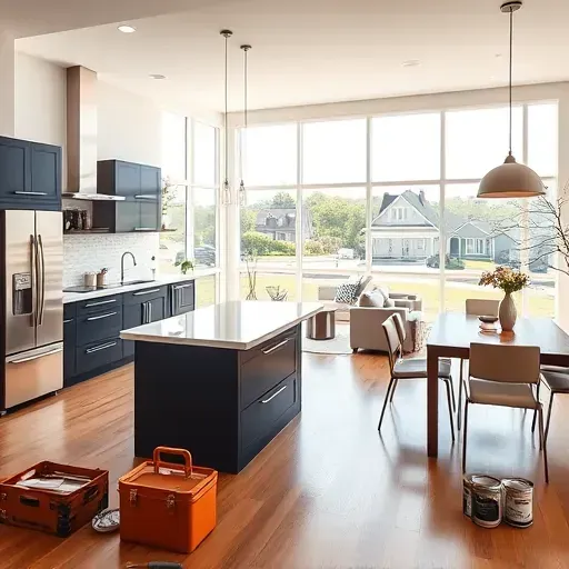 Modern kitchen in Unionville PA featuring navy and white cabinetry, quartz countertops, and natural light-filled living area.