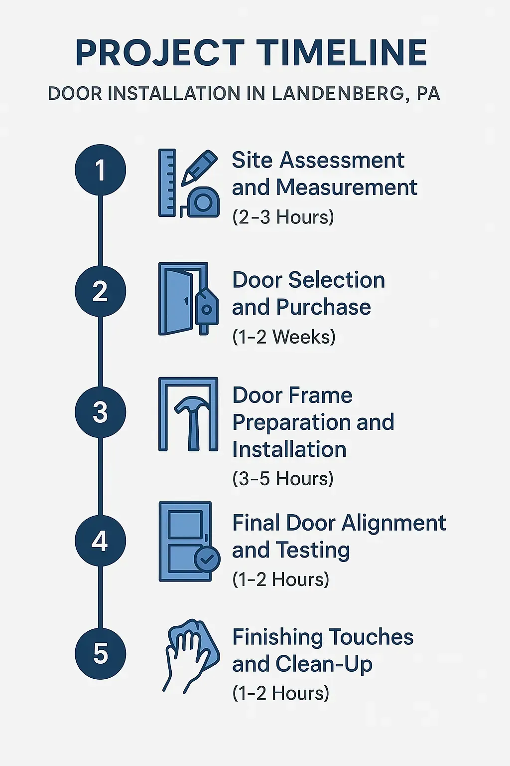 Infographic on door installation timeline with five steps from site assessment to finishing touches in Landenberg PA.
