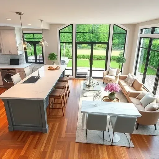 Stunning open-concept living space in Glen Mills, PA with elegant kitchen, cozy living area, and lush yard views.