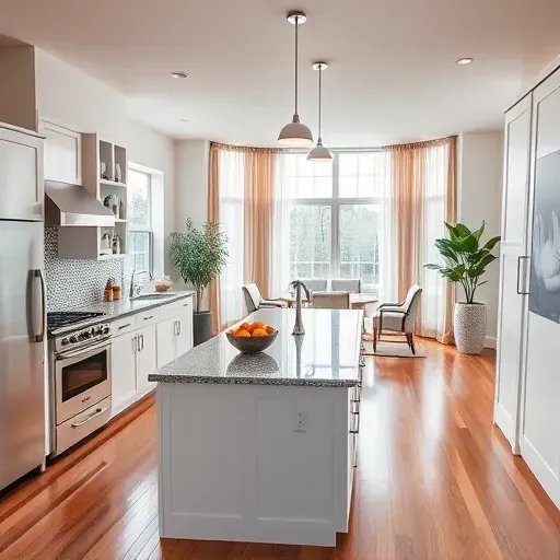 Modern kitchen remodeling in New Castle DE with granite countertops, sleek cabinetry, and open-concept living space.