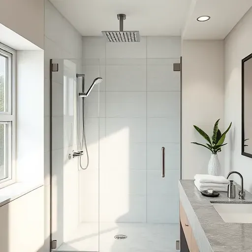 Modern high-end bathroom with sleek tiles frameless glass shower with chrome hardware and rainfall ceiling showerhead