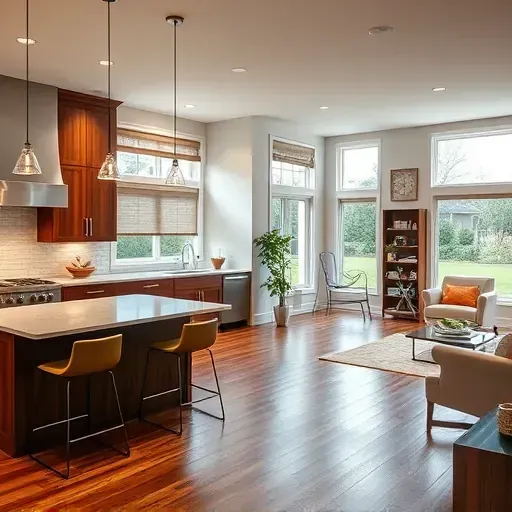 Modern kitchen remodel in Kennett Square PA with walnut cabinetry, quartz countertops, and open-concept living area.