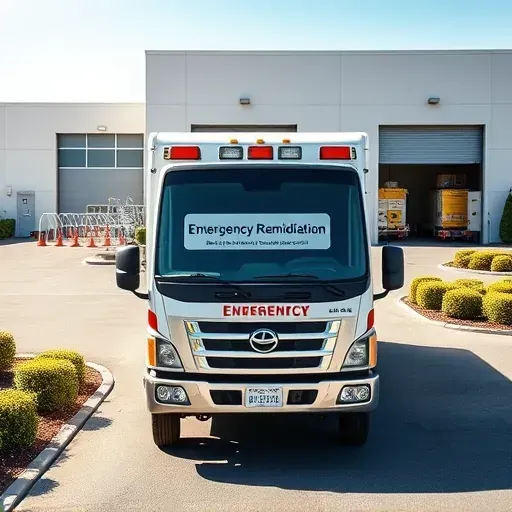 Emergency remediation vehicle parked outside a modern remediation site with branded signage, equipment, and organized facilities