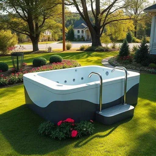Accessible outdoor spa tub with modern design, ergonomic handrails, lush landscaping, mature trees, and natural sunlight in Landenberg PA