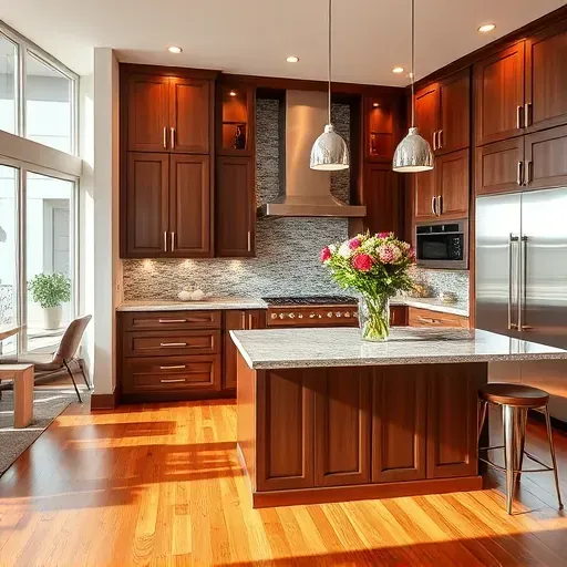 Renovated kitchen in Unionville PA with dark wood cabinetry, stainless appliances, mosaic backsplash, and hardwood floors.