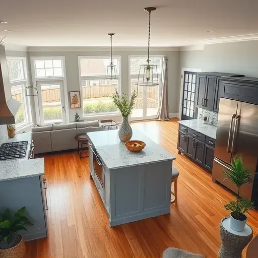 Completed home remodel in Oxford PA showcasing an open-concept living space with a stylish kitchen and cozy living area.