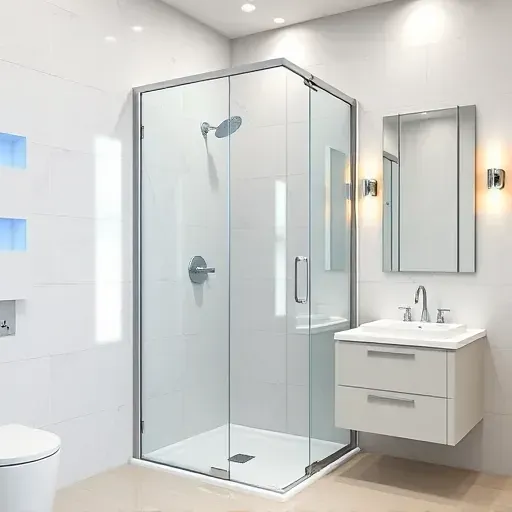Modern bathroom with sleek frameless glass shower door, polished chrome hardware, marble tiles, and minimalist vanity with mirror