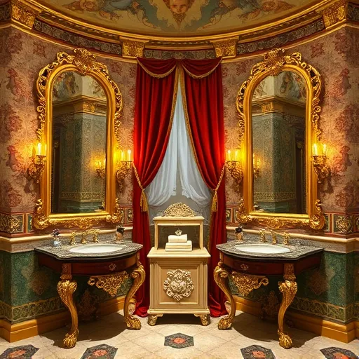 A luxurious Renaissance-style bathroom scene featuring two ornate marble dual vanities with intricate gold filigree accents and classical pedestal bases, set against a richly decorated tiled wall with floral motifs and classical patterns. Tall, arched gilded mirrors reflect the warm glow of candlelight, illuminating the space. Elegant velvet drapery hangs above, revealing a grand stucco ceiling adorned with mythological frescoes. Vintage perfume bottles and ornate brushes sit atop the vanities, adding a touch of indulgence. Playful cherub sculptures peek from behind towels, and a carved cherub face decorates a column, introducing whimsical charm. The scene is bathed in warm golden hues and deep jewel tones like crimson, emerald, and lapis lazuli, creating a regal, serene atmosphere reminiscent of Renaissance masterpieces by Botticelli and Titian, emphasizing meticulous brushwork, balanced composition, and luminous colors that elevate the bathroom to a work of sacred art.