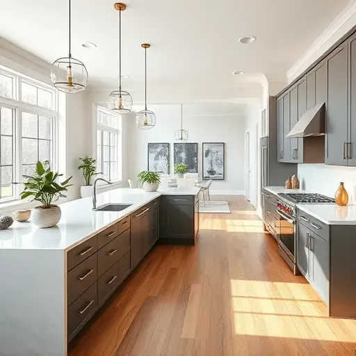 Modern remodeled kitchen in Swarthmore PA with quartz countertops, stainless appliances, island, and natural light.