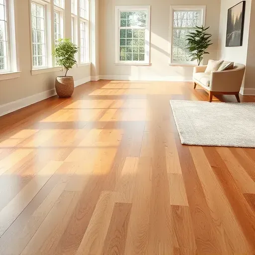 Freshly installed hardwood flooring in a sunlit living room with warm tones, natural grain, modern rug, and stylish decor.