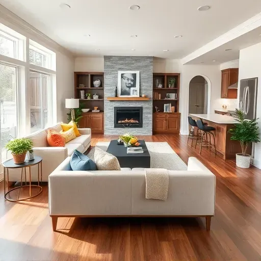 Renovated living room in Greenville DE with open floor plan, modern furniture, and elegant decor featuring a cozy fireplace.