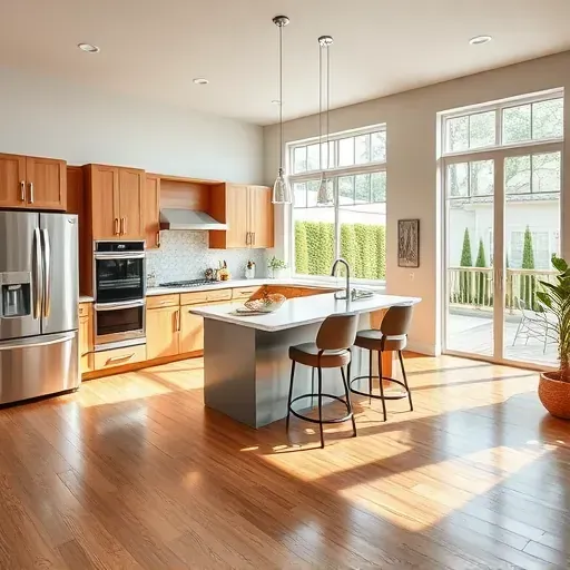 Modern kitchen remodel in New Castle County with quartz countertops, custom cabinetry, and large windows.