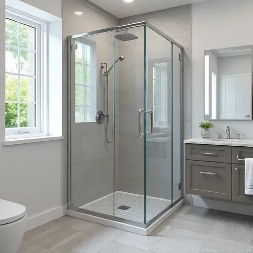 Newly installed modern walk-in shower with glass panels chrome fixtures stone flooring in upscale bathroom with natural light
