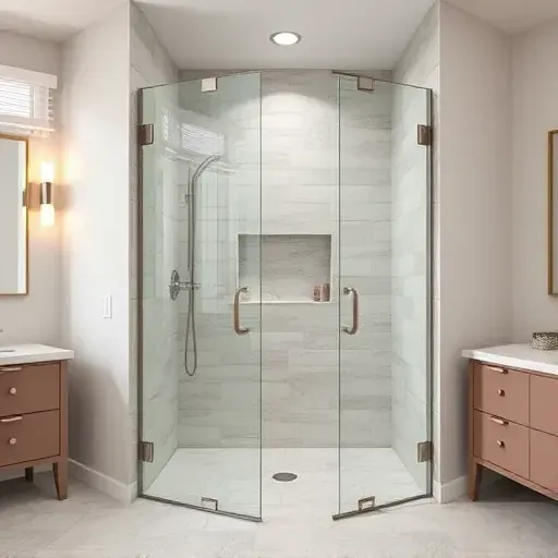 Modern walk-in shower with clear glass, stainless steel fixtures, textured stone tiles, and sleek contemporary bathroom decor