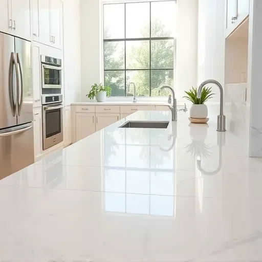 Seamless white marble tile installation in a modern kitchen with natural light, stainless steel appliances, and minimalist design