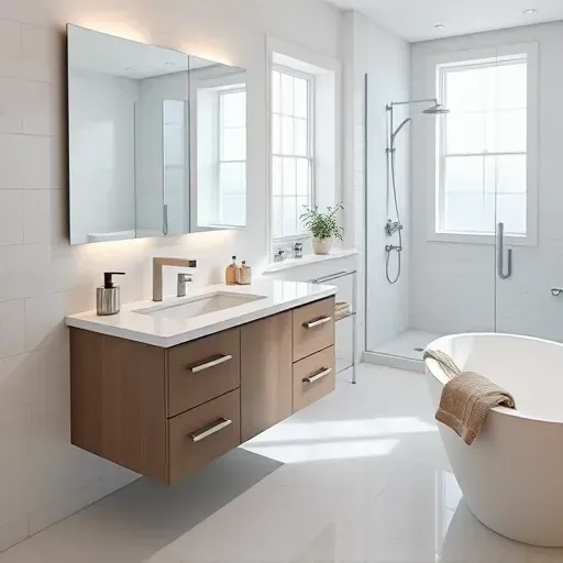 Newly installed modern bathroom vanity with marble countertop stainless fixtures in a bright spacious Landenberg PA bathroom