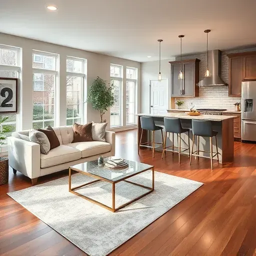 Home remodeling in Exton PA featuring a stylish living space with modern furniture, large windows, and polished kitchen design.