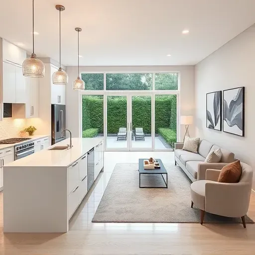 Completed home remodel in New Castle DE featuring modern open-concept kitchen and living space with elegant design elements.