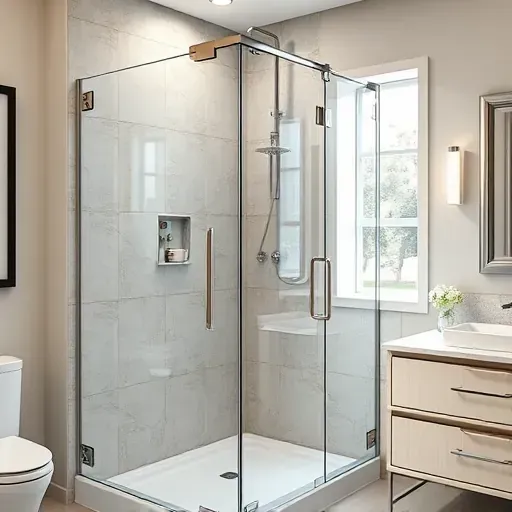 Finished modern glass shower door with chrome hardware installed in upscale contemporary Landenberg bathroom