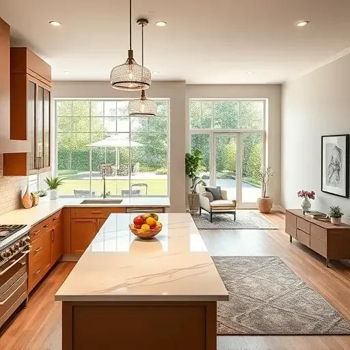 Completed home remodeling in Thorndale PA featuring a modern kitchen with warm cabinetry and polished quartz countertops.