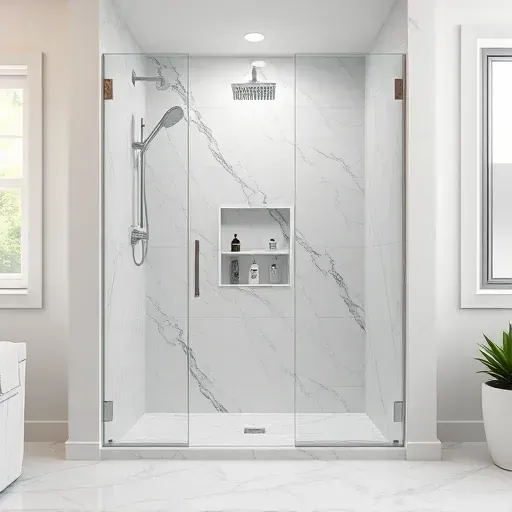 Completed modern shower installation in Landenberg PA with glass enclosure, marble tiles, chrome fixtures, and rainfall showerhead