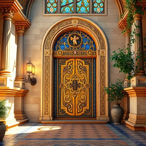 A richly detailed Byzantine-style blog cover image illustrating "Door Installation," featuring an ornate, majestic door set within a grand stone archway reminiscent of Byzantine cathedral entrances. The door is elaborately carved with swirling patterns, religious motifs, and embedded gemstones, exuding sacredness and invitation. Above, stained glass windows cast colorful reflections across the scene, symbolizing divine craftsmanship. A whimsical mosaic creature, such as a mythical bird or beast, perches playfully atop the door frame. Surrounding the doorway are intricate Byzantine motifs, including stylized vines, cherubs, and geometric patterns, all rendered with meticulous detail. The setting is a peaceful, sacred courtyard paved with patterned mosaics, with lush ivy along stone walls and glowing lanterns creating a serene, reverent atmosphere infused with curiosity and mysticism. Characteristic flat perspective, gold leaf textures, and intricate patterning highlight the grandeur and historical richness, while the warm jewel-toned palette of gold, deep blues, turquoise, and crimson evokes a timeless, majestic ambiance suitable for exploring Byzantine artistry and craftsmanship in door installation.