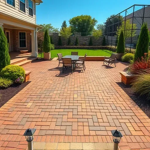 Completed paver patio with natural stone in warm earth tones, lush landscaping, and modern outdoor furniture in Landenberg PA