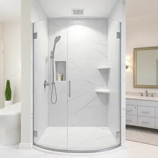 Completed modern shower installation in Landenberg PA with marble tiles glass enclosure streamlined fixtures and natural lighting