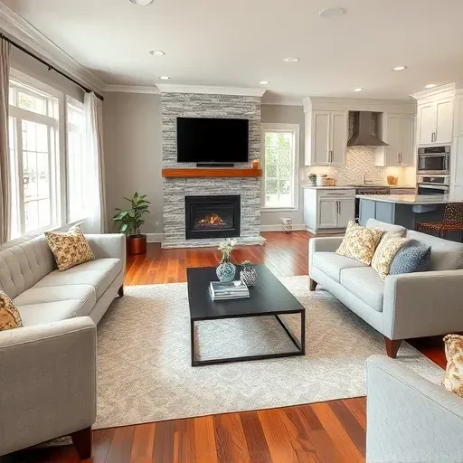 Renovated living room in Unionville, PA with polished floors, modern decor, and an open kitchen, showcasing craftsmanship.