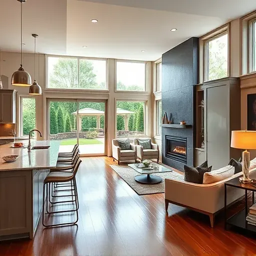 Elegant living room in Newark DE, showcasing modern furnishings, open floor plan, and contemporary kitchen with garden view.