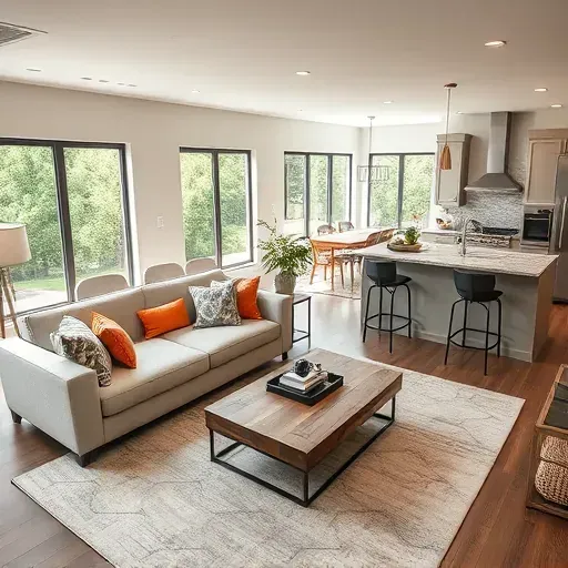 Contemporary living room and kitchen in Glen Mills PA with elegant decor and seamless modern design elements.