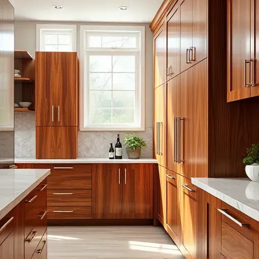 Custom cabinetry display in Landenberg PA with intricate wood grain brushed nickel hardware and modern traditional design