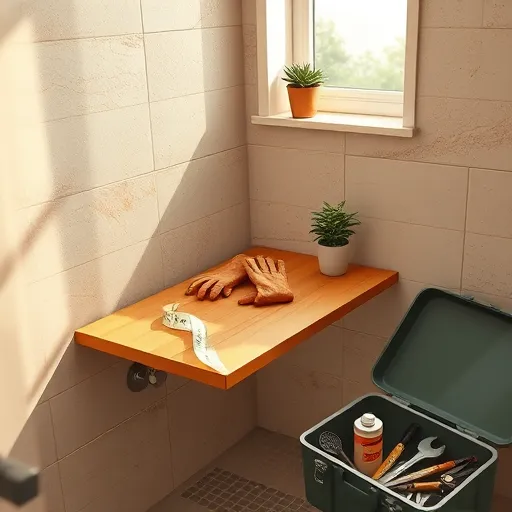 An immersive, SocialRealism-style scene depicting shower bench installation in a warm, earthy-colored modern bathroom. The image shows a sturdy wooden shower bench with a natural, textured surface and visible wood grain being carefully installed against sleek, geometric-patterned tile walls. The bathroom features soft beige and aqua tones, warm lighting highlighting the textured wood and glossy tiles. Details include vintage rubber gloves resting atop the bench, a small potted succulent on its edge, and a tape measure draped across the setup. In the background, a window allows soft daylight to fill the space, casting gentle shadows that enhance depth. A partially open toolbox nearby contains tools like spanners, a screwdriver, and waterproof adhesive, organized yet slightly lived-in, suggesting recent craftsmanship. The scene conveys a practical, charming atmosphere, capturing the process of transforming a functional space with realistic detail and an optimistic tone.