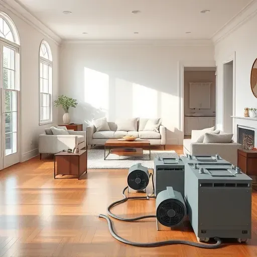 Bright restored living room in Landenberg PA with polished hardwood floors, fresh paint, modern furniture, drying equipment, and repair work detailed in a clean, professional home interior.