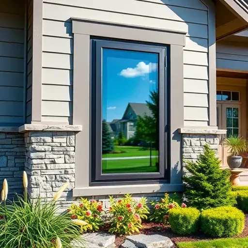 Completed double-glazed window installation on a modern house in Landenberg PA with sleek dark frame and lush landscaping