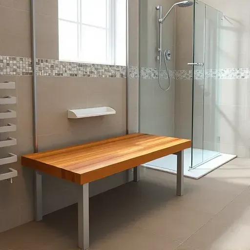 Freshly installed wooden shower bench in modern bathroom with glass enclosure, mosaic tiles, chrome fixtures, and natural lighting