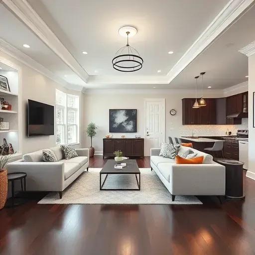 Modern living room in Brookhaven PA showcases sleek design, natural light, warm tones, and stylish furnishings.