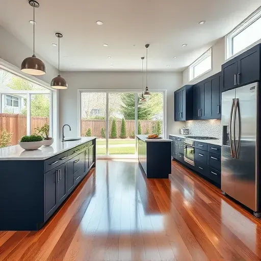 Modern kitchen remodel in Exton PA with quartz countertops, navy cabinets, hardwood floors, and natural light.