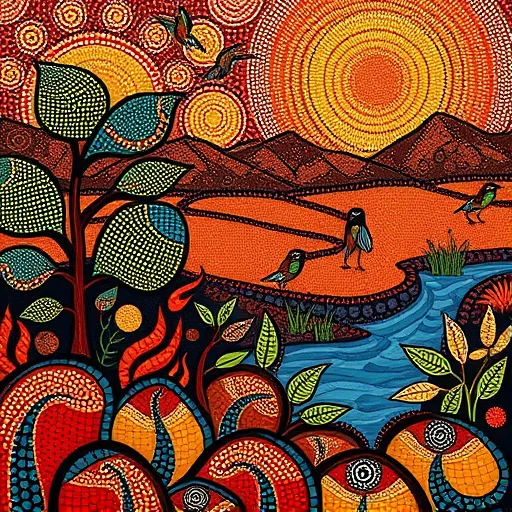 A vibrant Aboriginal Art-inspired scene illustrating fire damage restoration, featuring traditional patterns blended with modern storytelling. The foreground shows swirling water and renewal motifs intertwined with textured soil patterns signifying resilience. Burned trees depicted with dotted textures and flame-like patterns in fiery reds, oranges, and yellows gradually transform into lush green regrowth, symbolizing recovery. whimsical abstract birds with patterned wings ascend, representing hope and renewal. Concentric circles and dot work enrich the scene with cultural symbolism. The background depicts a landscape where burned desert textures transition into blossoming plants and flowing water, rendered in warm reds, oranges, earthy browns, and cool greens, evoking a mood of calm and revitalization. The stylized sky features layered dot patterns resembling swirling smoke dissolving into dawn pastel hues, emphasizing renewal and serenity. The composition conveys strength and hope through rhythmic patterns that evoke movement and transformation, creating a culturally rich visual metaphor for healing from fire damage and restoring life.
