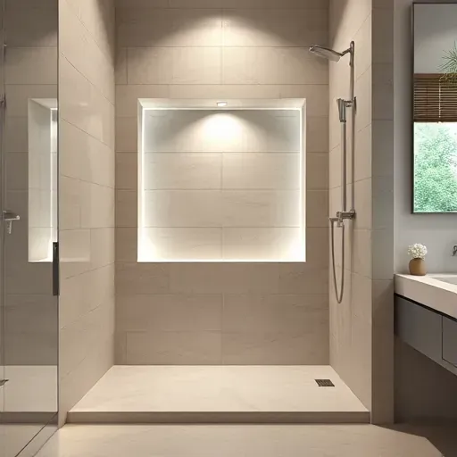 Meticulously installed modern shower niche with neutral tiles, LED lighting, polished chrome fixtures, and minimalist bathroom design