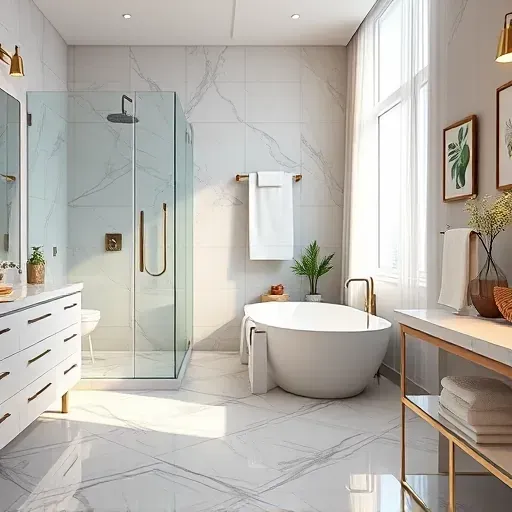 Renovated bathroom in Landenberg, PA with modern fixtures, walk-in shower, freestanding tub, and elegant decor.