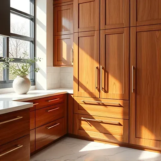 Beautiful custom wood cabinetry with rich tones, sleek hardware, and flawless finish in a stylish modern kitchen