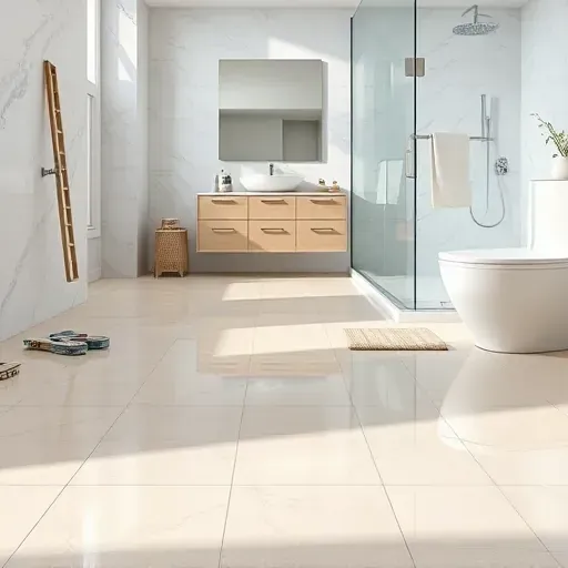Freshly finished modern bathroom with beige gray ceramic tile flooring, white marble walls, glass shower, and sleek fixtures