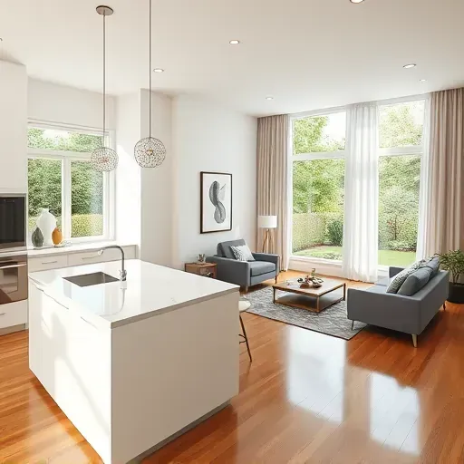 Modern kitchen remodel in Unionville PA with white cabinetry, quartz countertops, and seamless living area connection.