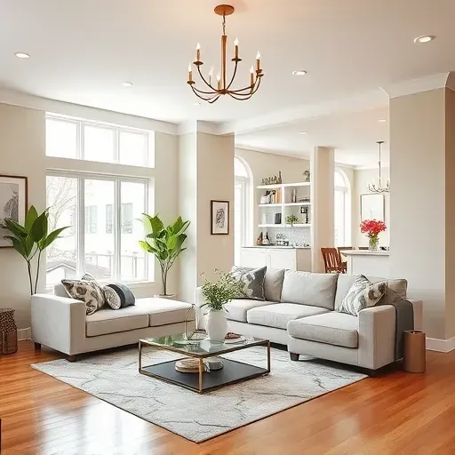 Modern living room in Pike Creek DE featuring neutral tones, elegant decor, hardwood floors, and natural light.