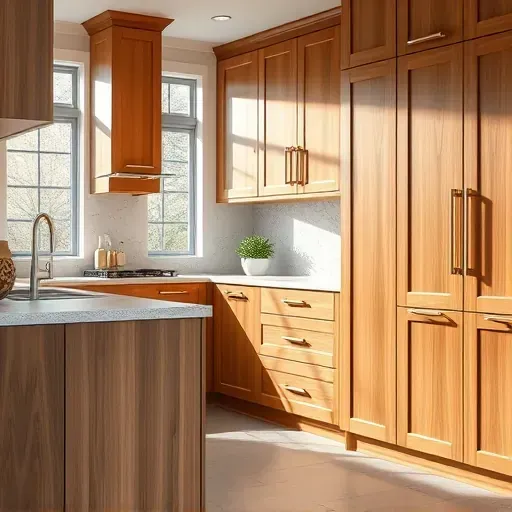 Custom handcrafted wooden cabinetry in a modern upscale kitchen with polished surfaces, elegant hardware, and natural light